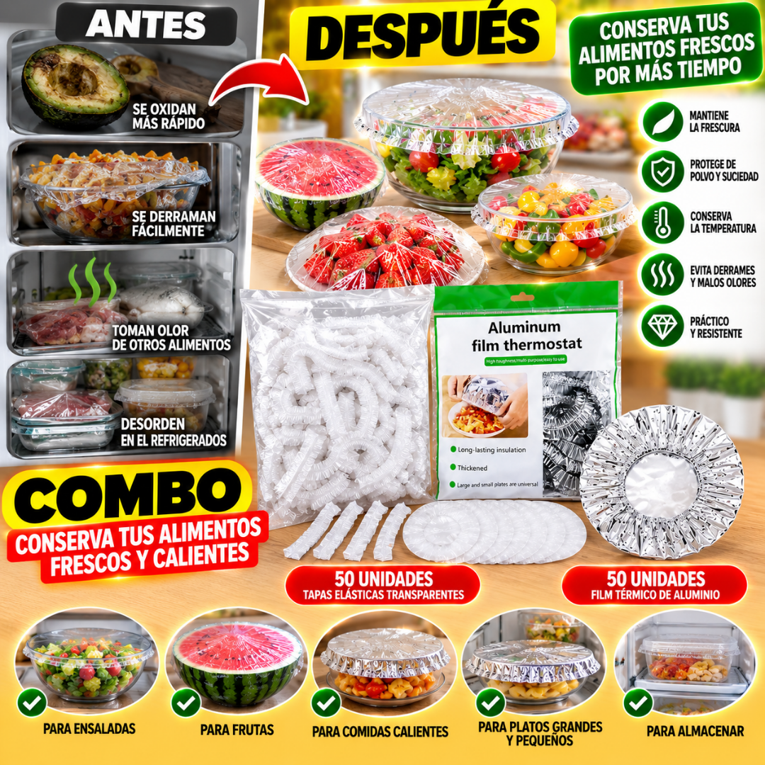Combo Bolsas para Alimentos + Cubiertas de Aluminio – 100 Unidades
