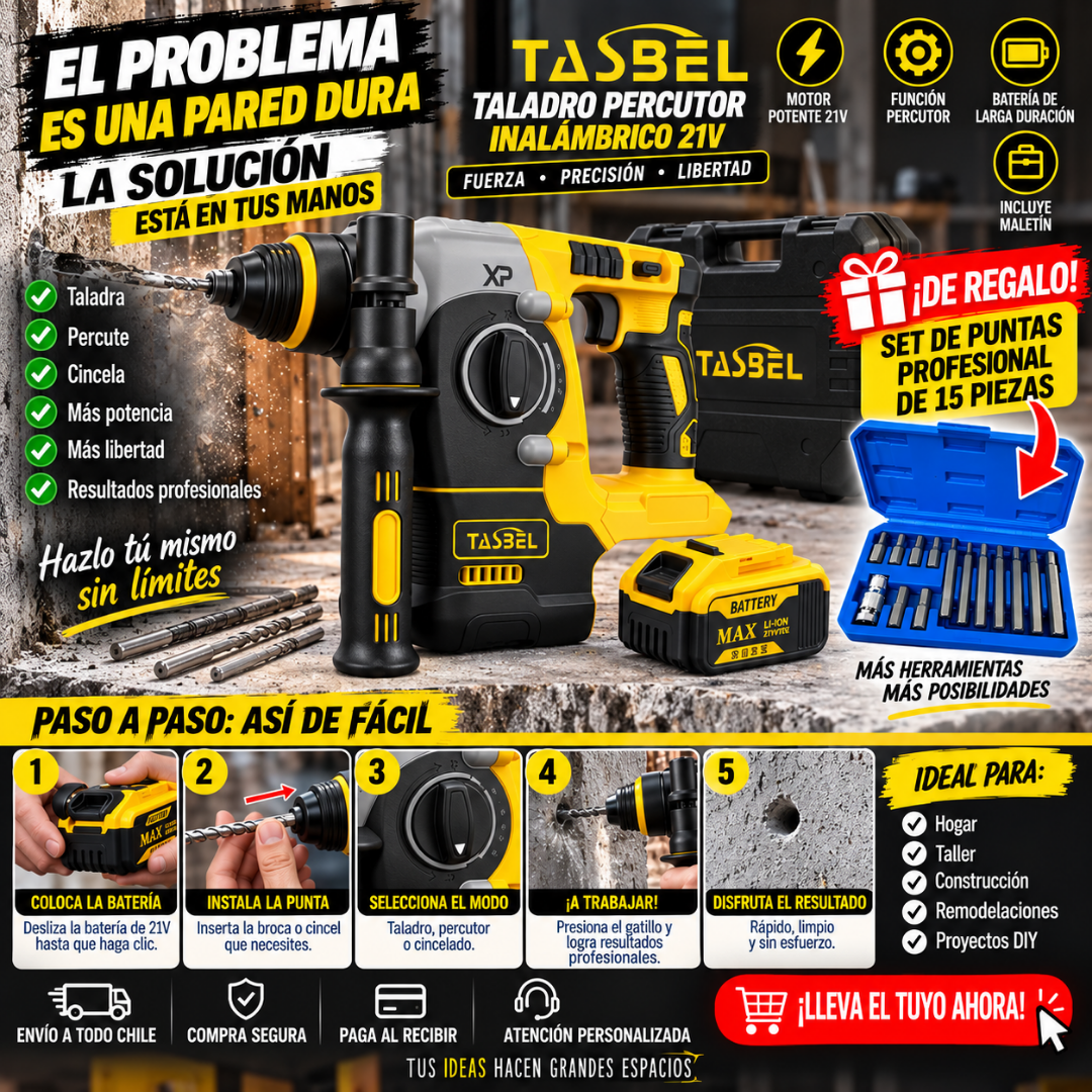 Taladro Percutor Inalámbrico 21V + Set de Puntas Hexagonales de Regalo