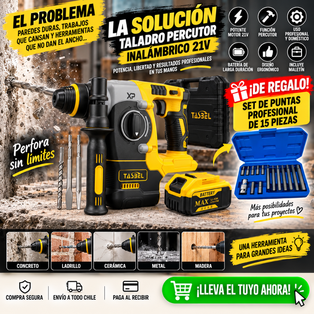 Taladro Percutor Inalámbrico 21V + Set de Puntas Hexagonales de Regalo