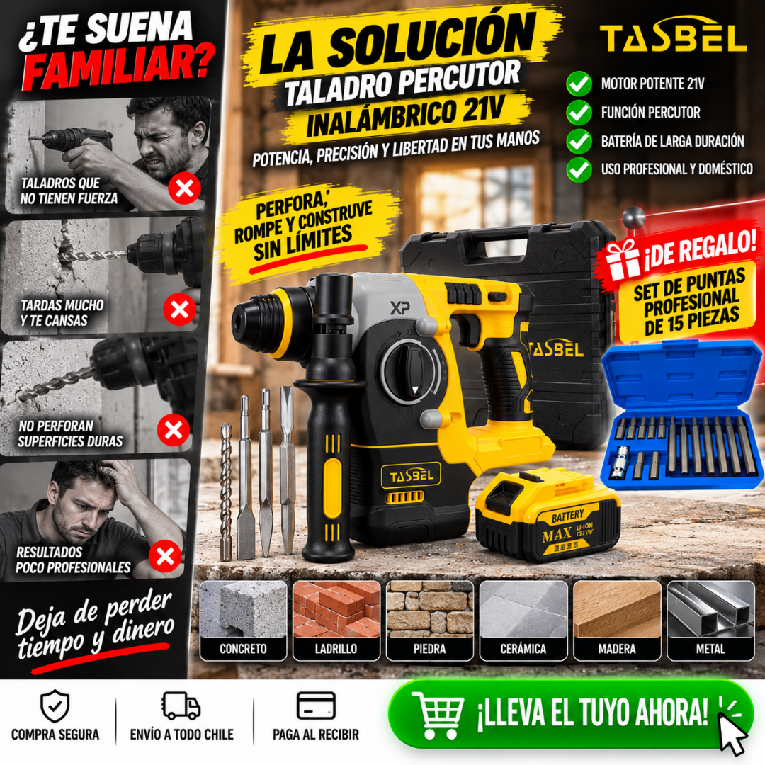 Taladro Percutor Inalámbrico 21V + Set de Puntas Hexagonales de Regalo