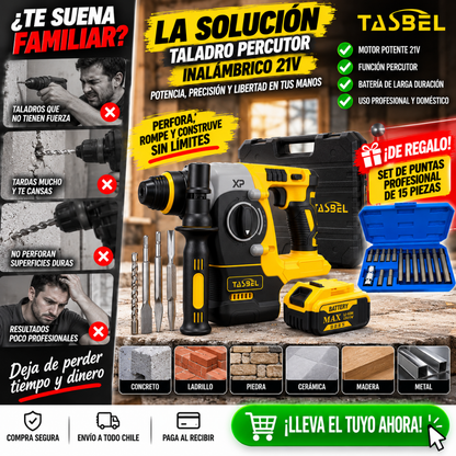 Taladro Percutor Inalámbrico 21V + Set de Puntas Hexagonales de Regalo