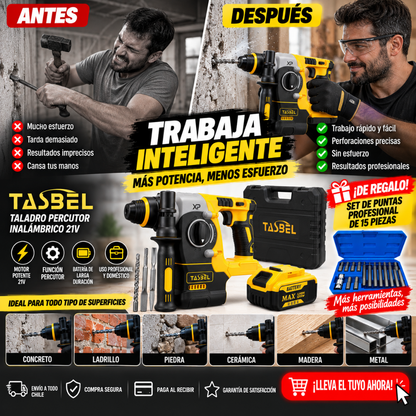 Taladro Percutor Inalámbrico 21V + Set de Puntas Hexagonales de Regalo