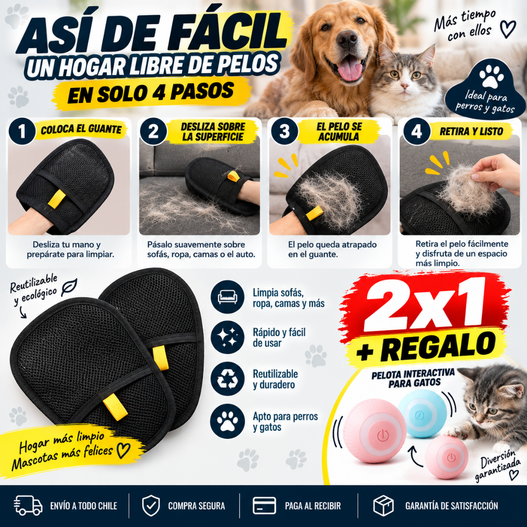 Set 2 Guantes Quita Pelos para Mascotas + Juguete de Regalo