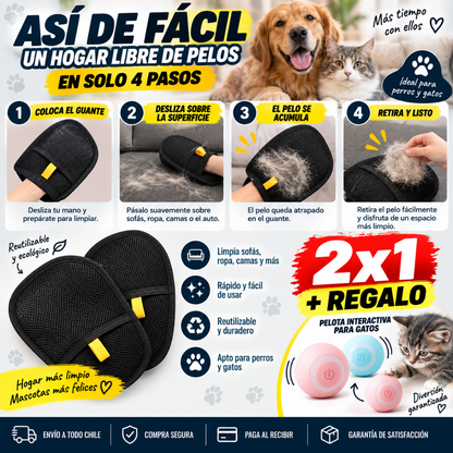 Set 2 Guantes Quita Pelos para Mascotas + Juguete de Regalo