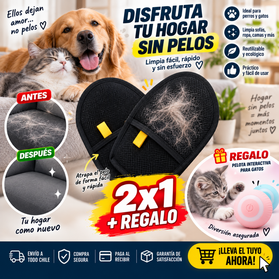 Set 2 Guantes Quita Pelos para Mascotas + Juguete de Regalo