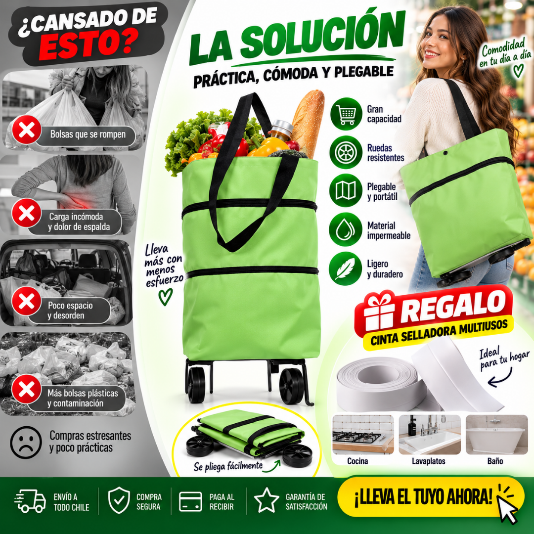 Carrito de Compra Plegable 2 en 1 + Cinta Selladora de Regalo