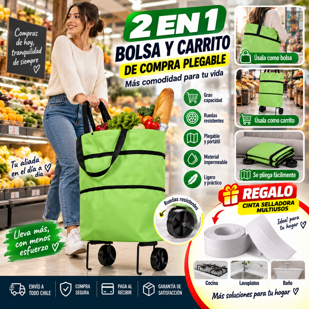 Carrito de Compra Plegable 2 en 1 + Cinta Selladora de Regalo