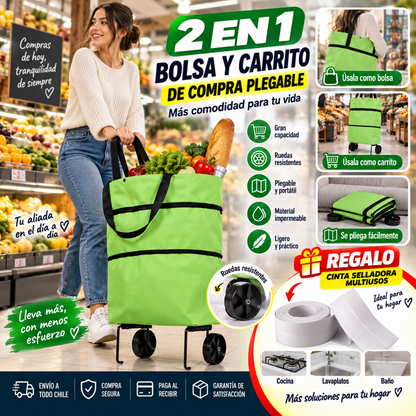 Carrito de Compra Plegable 2 en 1 + Cinta Selladora de Regalo