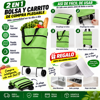 Carrito de Compra Plegable 2 en 1 + Cinta Selladora de Regalo
