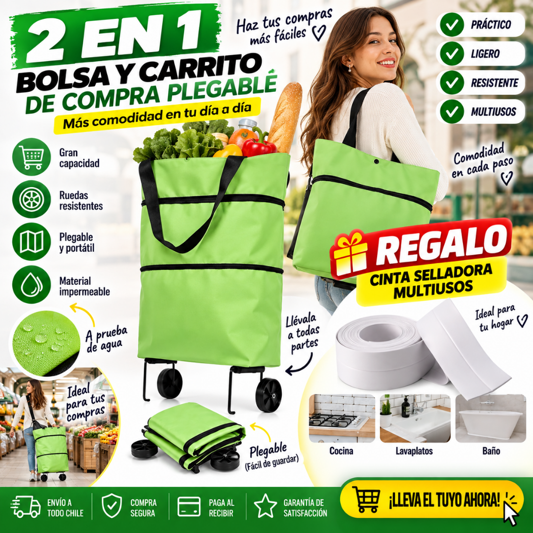Carrito de Compra Plegable 2 en 1 + Cinta Selladora de Regalo