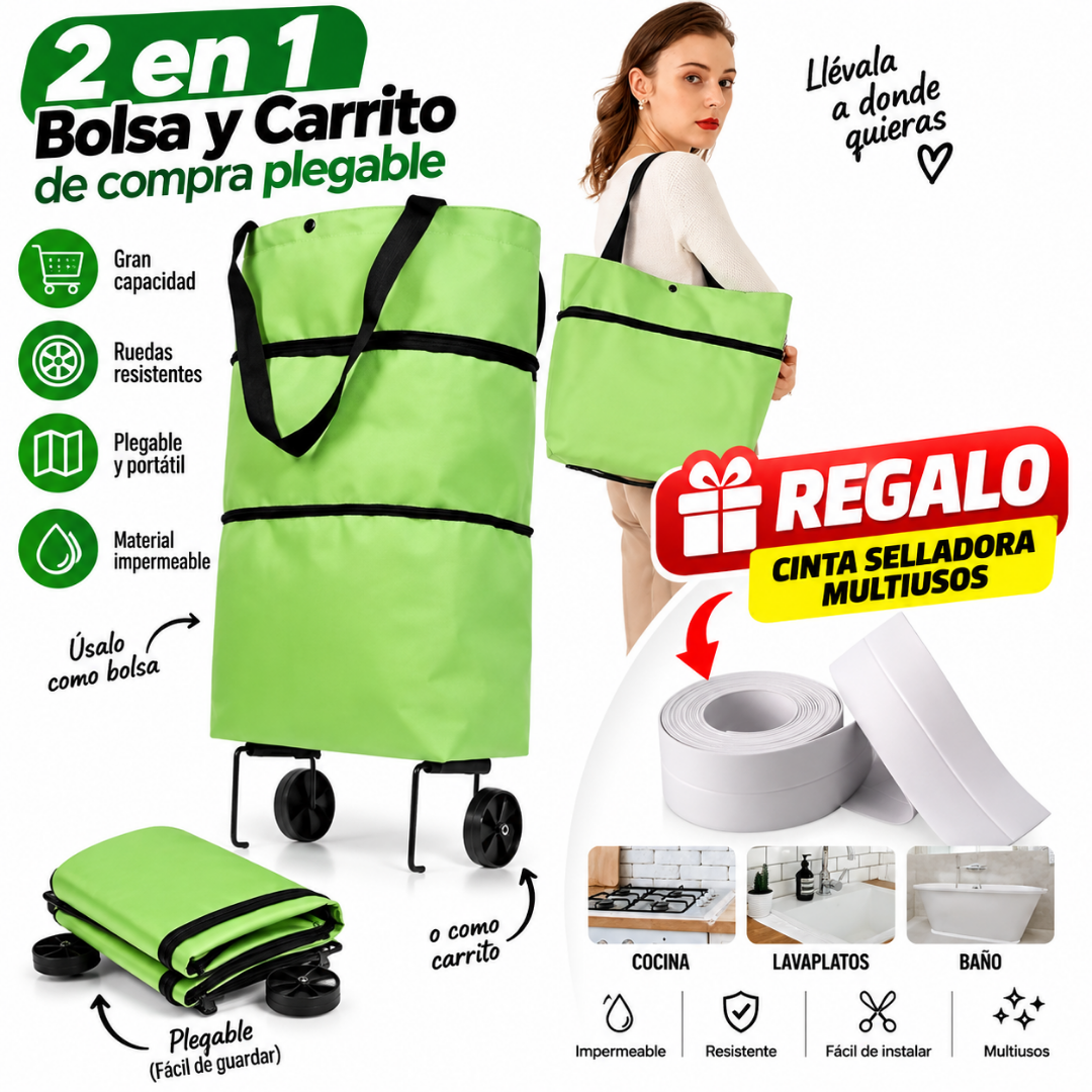 Carrito de Compra Plegable 2 en 1 + Cinta Selladora de Regalo